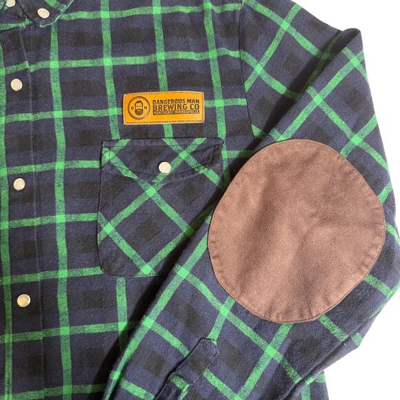 Dangerous Man Brewing Company Men Flannel Shirt Elbow Patch Pearl Bottons Size M - Picture 6 of 13
